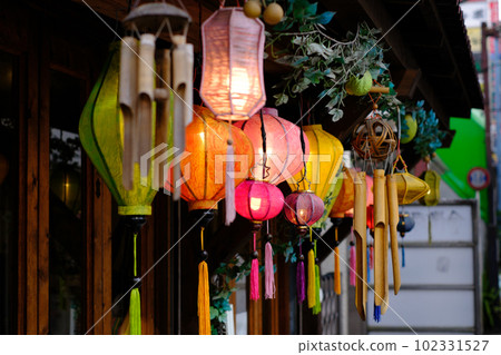 Colorful lanterns decorating the eaves Colorful lanterns decorating the eaves 102331527