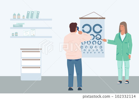 Patient examination. Optometrist doctor and patient in clinic, medical consultation, glasses selection, man checks eyesight, cartoon flat isolated illustration. Vector health care concept 102332114