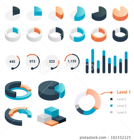 Graphic charts. Statistic bars and circle diagrams for data presentation. Comparison histogram. Colorful analytic graphs. Business information visualization. Vector infographics set 102332125