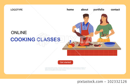 Cooking on kitchen. Online food preparation classes landing page. Culinary tutorial. Distance internet course. Man and woman preparing dinner. Education service. Vector website design Cooking on kitchen. Online food preparation classes landing page. Culinary tutorial. Distance internet course. Man and woman preparing dinner. Education service. Vector website design 102332126