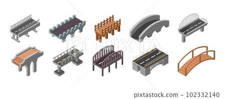 3D isometric road. Bridge construction. River footbridge. Concrete viaduct rail in perspective. Wooden or stone. Drawbridge with asphalt carriageway. Vector city landscape elements set 102332140