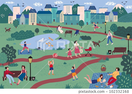 Spring park. Picnic in green forest. Outdoor healthy sport. Eco travel on lake. Fitness tourism. Urban landscape. People walking in nature. Kids play with ball. Vector illustration 102332168