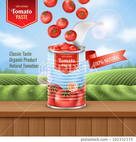 3d tomato can, green fields and blue sky countryside background, chicha. Fresh natural juice ingredients, canned pomodoro advertising, nature label. Ad banner. Vector realistic illustration 102332173
