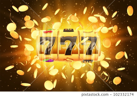 Casino win slot. Big gold coin flying, golden game spin machine, online jackpot, yellow money falling with confetti and sparkles, chance in 777 play for prize. Gambling banner vector design 102332174