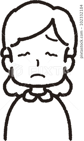 Upper body line drawing illustration of a woman who is facing the front and thinking 102332184