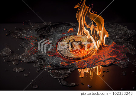 Burning in fire golden bitcoin on black background, Bitcoin coin in flames, burn cryptocurrency bit coin money, crash and blockchain bubble, Generative AI Burning in fire golden bitcoin on black background, Bitcoin coin in flames, burn cryptocurrency bit coin money, crash and blockchain bubble, Generative AI 102333243
