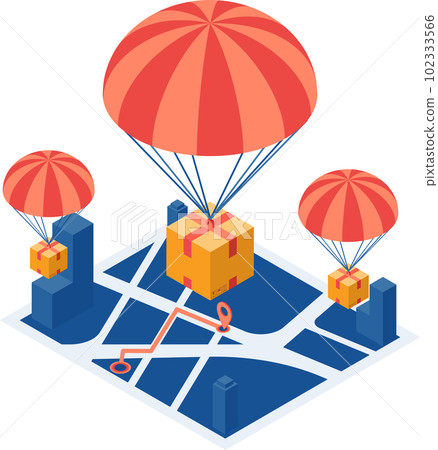 Isometric Parcel with Parachute Drop on City Map Isometric Parcel with Parachute Drop on City Map 102333566