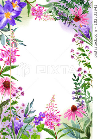 Field flowers watercolor greeting card template, pink and violet tints 102333943