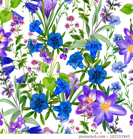 Watercolor seamless pattern, blue and purple wild field flowers 102333945