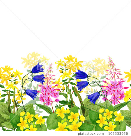 Watercolor seamless border, wild yellow, pink and blue flowers 102333956
