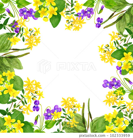 Watercolor wild flowers, border frame, hand drawn illustration 102333959