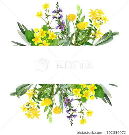 Yellow field flowers, watercolor stripe banner, hand drawn 102334072