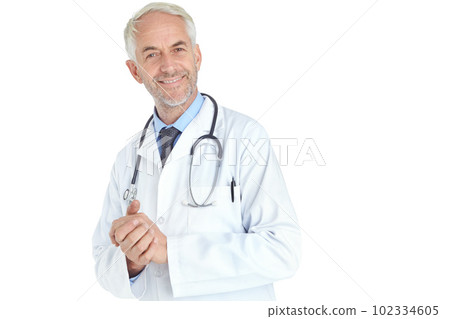 What can I do for you today. Portrait of a handsome mature male doctor standing against a white background. What can I do for you today. Portrait of a handsome mature male doctor standing against a white background. 102334605