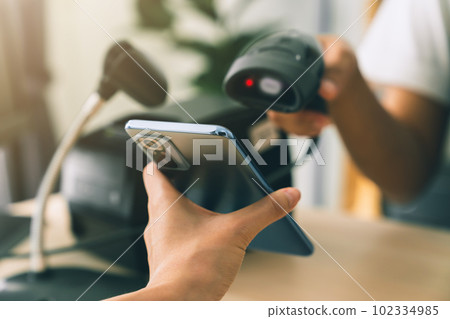 Hand holding smartphone with scan barcode for payment, shopping online, Digital wallet concept. 102334985
