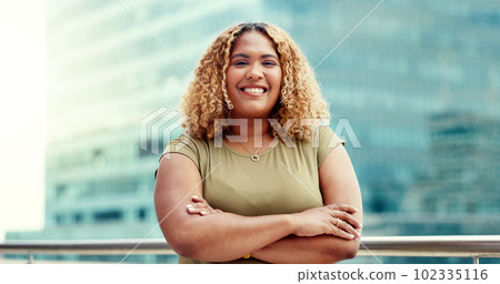 Black woman, business and city portrait while happy with arms crossed outdoor with vision and pride. Face of entrepreneur person with urban buildings and motivation for career goals for future Black woman, business and city portrait while happy with arms crossed outdoor with vision and pride. Face of entrepreneur person with urban buildings and motivation for career goals for future 102335116