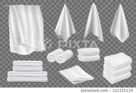 3d blanket and towel, white cloth. Hang bath cotton, fluffy folded rolls, spa pile, hygienic toilet terry objects on holder. Home or hotel washcloth for bathroom. Vector neoteric realistic template 102335119