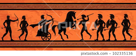 Mythology battle. Greek ornament. Ancient mural. People civilization. Myth on ceramic amphora. Warrior or hunting in Athens. Men with bows and spears. Horse chariot. Vector tidy culture background 102335136