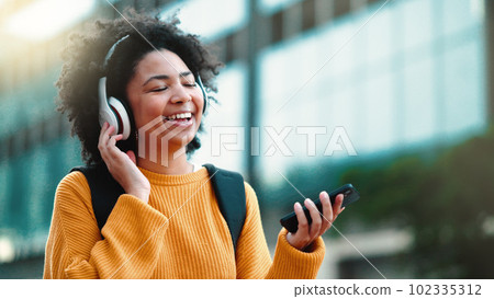 Happy dance, black woman and city street dancing of a business employee listening to music. Freedom, dancer and headphones of a young person hearing web audio and internet radio with happiness Happy dance, black woman and city street dancing of a business employee listening to music. Freedom, dancer and headphones of a young person hearing web audio and internet radio with happiness 102335312