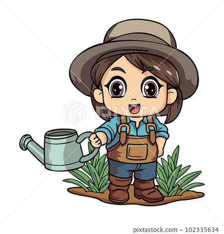 Happy female Farmer with a watering can character illustration in doodle style 102335634