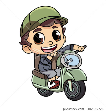 Happy delivery man with scooter character illustration in doodle style 102335726