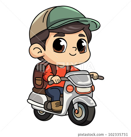 Happy delivery man with scooter character illustration in doodle style 102335731
