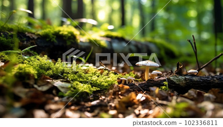 Bright forest clearing,beautiful sunlight and seasonal nature background with bokeh and short depth of field. Close-up with space for text, close-up on wildlife nature mushrooms and green fresh leaves Bright forest clearing,beautiful sunlight and seasonal nature background with bokeh and short depth of field. Close-up with space for text, close-up on wildlife nature mushrooms and green fresh leaves 102336811