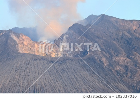 [Kagoshima Prefecture] Crater of "Sakurajima" bathed in the morning sun as seen from Michi-no-Eki Tarumizu 102337010