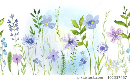 Seamless watercolor border with meadow purple and blue flowers Seamless watercolor border with meadow purple and blue flowers 102337467