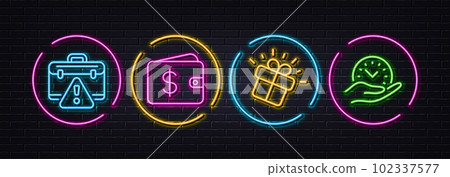 Warning briefcase, Gift and Dollar wallet minimal line icons. Neon laser 3d lights. Safe time icons. For web, application, printing. Business bag, Marketing box, Cash money. Management. Vector Warning briefcase, Gift and Dollar wallet minimal line icons. Neon laser 3d lights. Safe time icons. For web, application, printing. Business bag, Marketing box, Cash money. Management. Vector 102337577