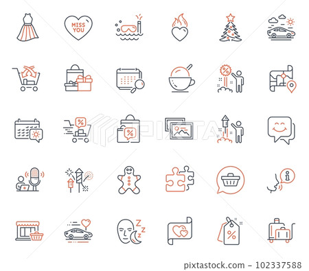 Holidays icons set. Included icon as Scuba diving, Miss you and Honeymoon travel web elements. Smile face, Luggage trolley, Map icons. Dress, Ice cream, Photo album web signs. Cross sell. Vector 102337588