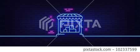 Neon light glow effect. Market line icon. Wholesale store sign. Retail marketplace symbol. 3d line neon glow icon. Brick wall banner. Market outline. Vector 102337599