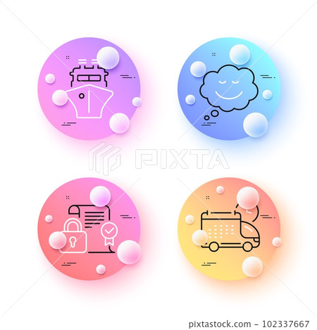 Security contract, Delivery and Speech bubble minimal line icons. 3d spheres or balls buttons. Ship icons. For web, application, printing. Private lock, Cargo schedule, Comic chat. Vector Security contract, Delivery and Speech bubble minimal line icons. 3d spheres or balls buttons. Ship icons. For web, application, printing. Private lock, Cargo schedule, Comic chat. Vector 102337667