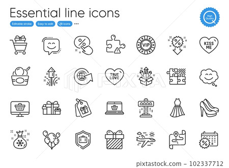 Shoes, Web shop and Calendar discounts line icons. Collection of Discount, Map, Fireworks rocket icons. Attraction, Smile face, Airplane travel web elements. Kiss me, Vip chip, Online shopping. Vector Shoes, Web shop and Calendar discounts line icons. Collection of Discount, Map, Fireworks rocket icons. Attraction, Smile face, Airplane travel web elements. Kiss me, Vip chip, Online shopping. Vector 102337712