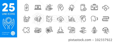 Outline icons set. Idea head, Cloud download and Mindfulness stress icons. Analysis graph, Fireworks, Puzzle web elements. Vaccine announcement, Chemistry lab, Seo phone signs. Clipboard. Vector Outline icons set. Idea head, Cloud download and Mindfulness stress icons. Analysis graph, Fireworks, Puzzle web elements. Vaccine announcement, Chemistry lab, Seo phone signs. Clipboard. Vector 102337922