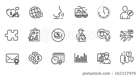 Outline set of Presentation board, Delivery discount and Report line icons for web application. Talk, information, delivery truck outline icon. Include Puzzle, Vip flight, Social care icons. Vector 102337979