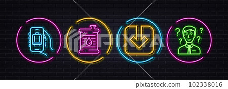 Baggage app, Load document and Oil barrel minimal line icons. Neon laser 3d lights. Support consultant icons. For web, application, printing. Luggage claim, Download arrowhead, Gasoline fuel. Vector 102338016