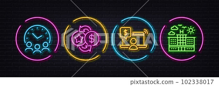 Meeting time, Loyalty points and Online shopping minimal line icons. Neon laser 3d lights. Hotel icons. For web, application, printing. Conference hours, Change dollar, Internet buying. Travel. Vector Meeting time, Loyalty points and Online shopping minimal line icons. Neon laser 3d lights. Hotel icons. For web, application, printing. Conference hours, Change dollar, Internet buying. Travel. Vector 102338017