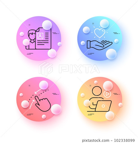 Job interview, Hold heart and Video conference minimal line icons. 3d spheres or balls buttons. Swipe up icons. For web, application, printing. Cv file, Love brand, Start presentation. Vector 102338099