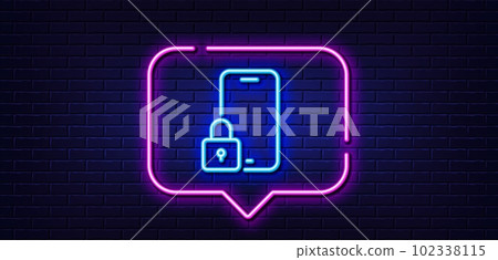 Neon light speech bubble. Lock line icon. Phone padlock sign. Security access symbol. Neon light background. Lock glow line. Brick wall banner. Vector 102338115