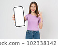 Cheerful beautiful Asian woman holding big smartphone and shows ok sign on grey background. 102338142