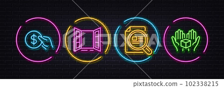 Check article, Open door and Payment minimal line icons. Neon laser 3d lights. Hold box icons. For web, application, printing. Magnifying glass, Entrance, Usd coin. Delivery parcel. Vector 102338215