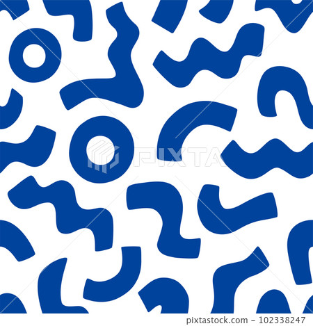 Blue Matisse curve elements seamless pattern. Minimal abstract geometric shapes, cut out design, repeat print, vector background Blue Matisse curve elements seamless pattern. Minimal abstract geometric shapes, cut out design, repeat print, vector background 102338247
