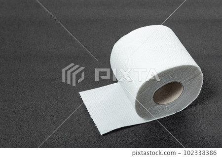White soft hygienic paper. Roll of toilet paper on gray background. Restroom soft touch toilet paper 102338386