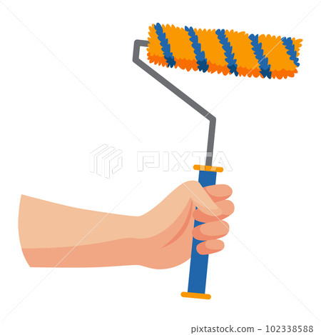Construction tool in hand, roller. Repair and housework equipment in flat design, vector illustration. Master tool for building renovation Construction tool in hand, roller. Repair and housework equipment in flat design, vector illustration. Master tool for building renovation 102338588