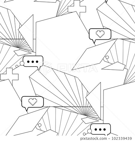 Abstract seamless pattern of various graphic angled geometric shapes with icons and radiant elements Abstract seamless pattern of various graphic angled geometric shapes with icons and radiant elements 102339439