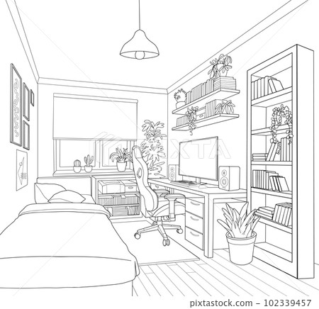 Typical interior design of a very cozy bedroom of a teenage game 102339457