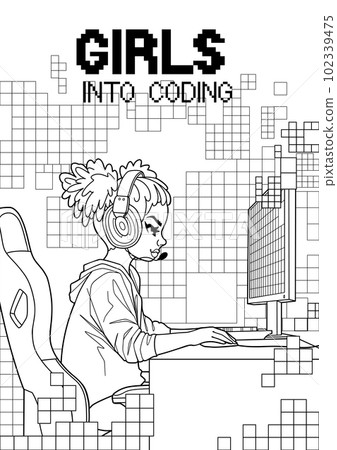 African girl gamer or streamer with a headset sits in front of a computer 102339475