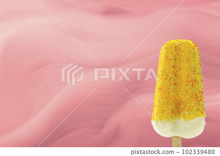Fruit popsicle yellow with sprincles over pastel pink soft background, delicious summer snack with copy space Fruit popsicle yellow with sprincles over pastel pink soft background, delicious summer snack with copy space 102339480
