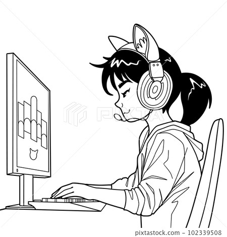 Asian girl gamer or streamer with a headset sits in front of a computer Asian girl gamer or streamer with a headset sits in front of a computer 102339508