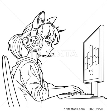 Girl gamer or streamer with a headset sits in front of a computer Girl gamer or streamer with a headset sits in front of a computer 102339509